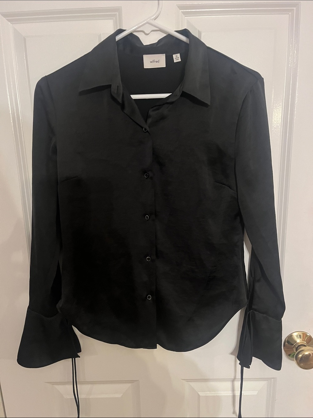 Wilfred Black Satin Button-Down Blouse with Tie Cuffs